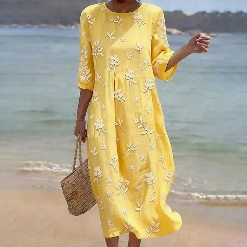 Women's Floral Print Round Neck Linen Blend Casual Midi Dress wearshes