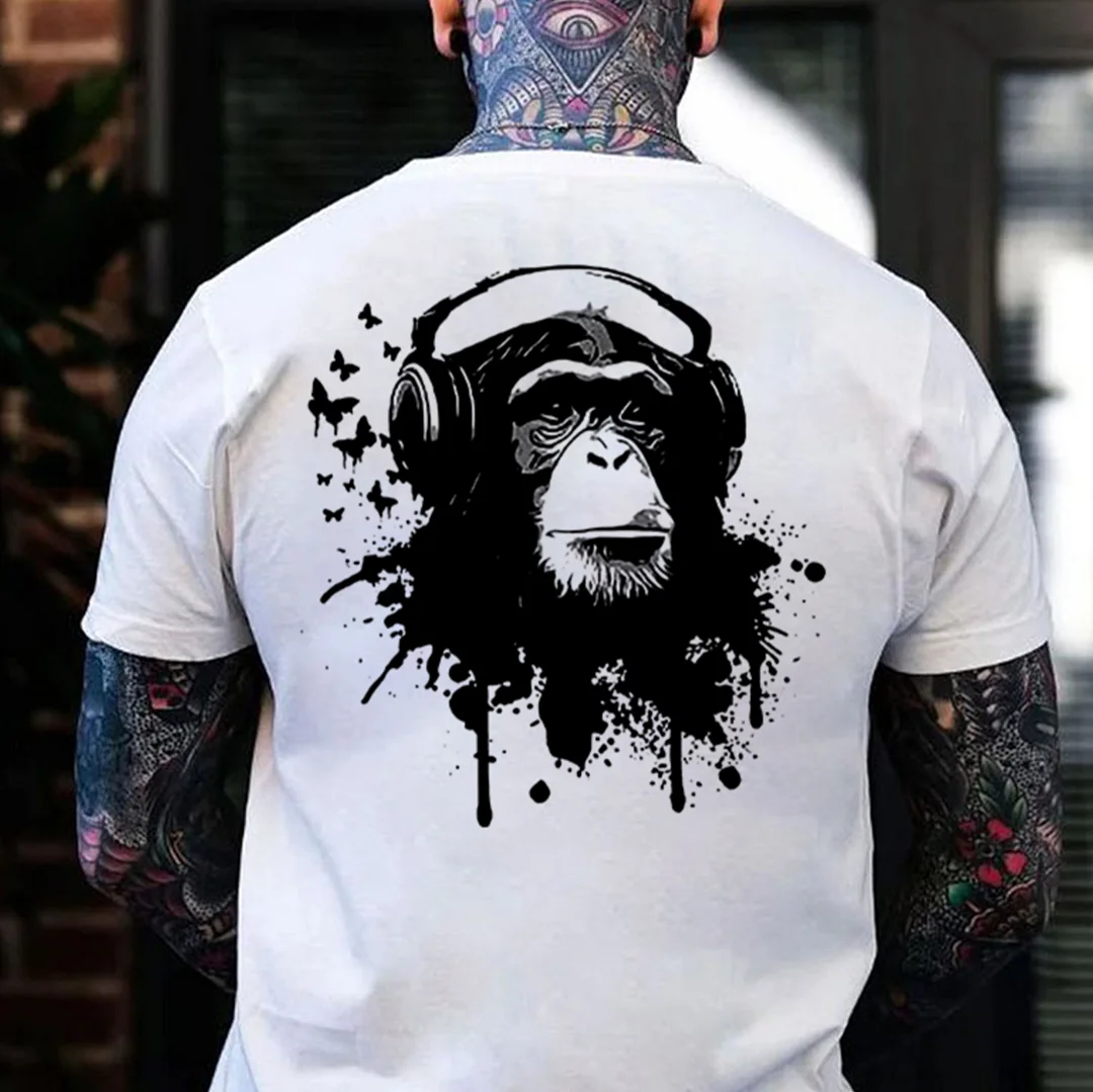 Monkey With Headphones White Print T-shirt