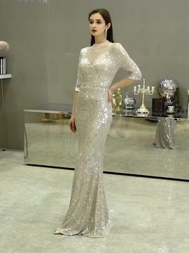 Womens Party Dress Glitter Sequins Sexy Jewel Neck Long Dress Mermaid Formal Evening Prom Gowns