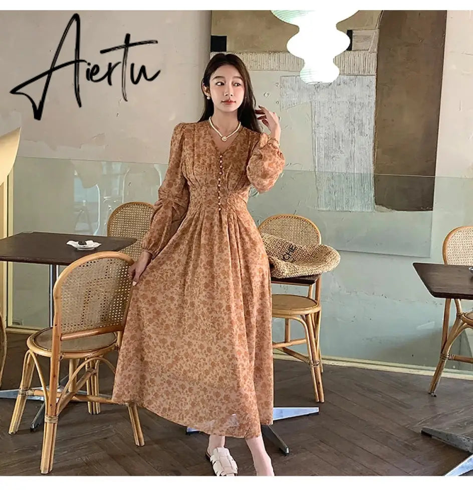 Aiertu  Summer New Fashion French Women Dresses Vintage Floral Chiffon Dress Female High Waist Simple V-neck Long Sleeve Dress Aiertu