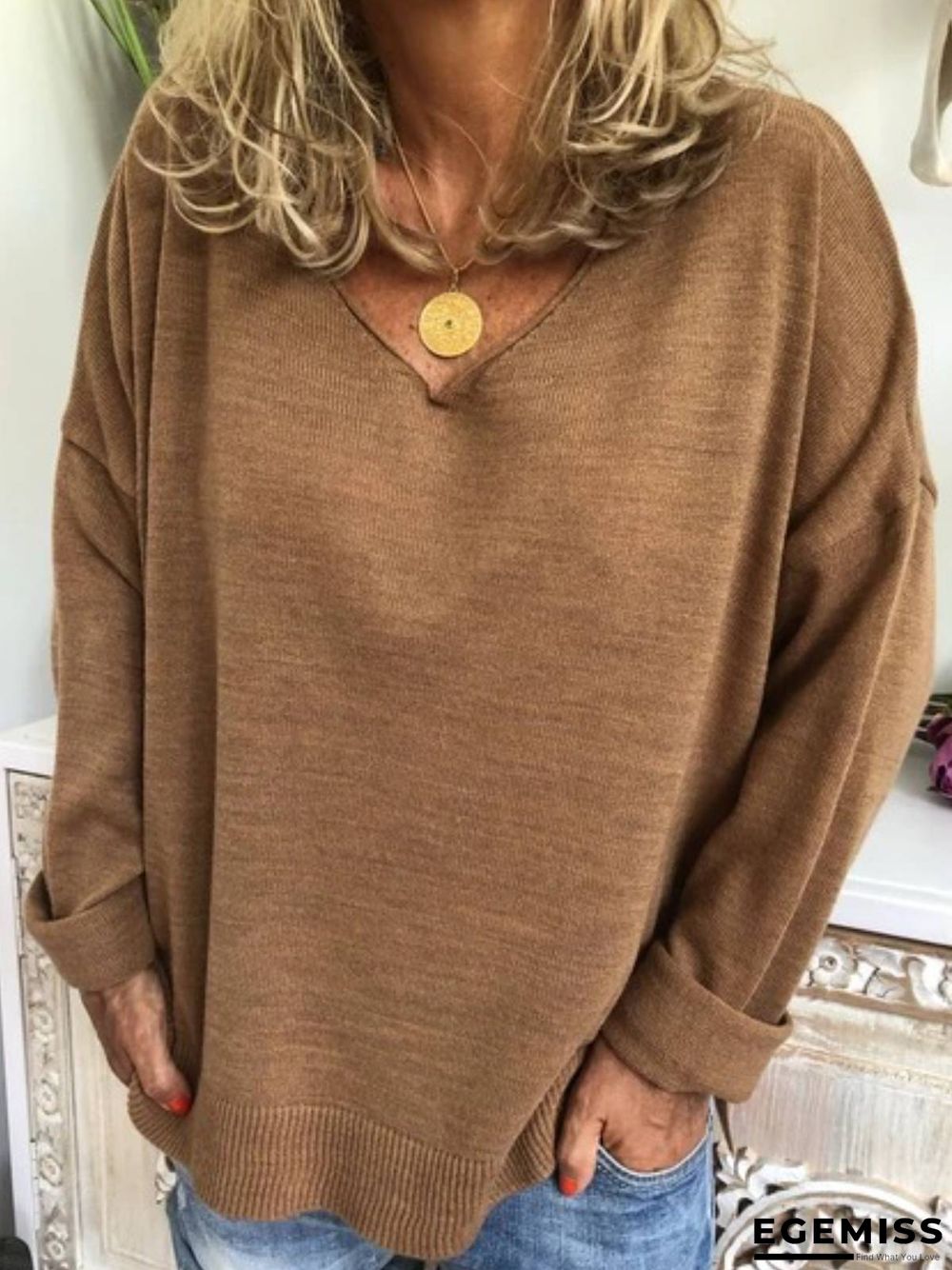 Beige Knitted Long Sleeve Casual Plus Size Sweater | EGEMISS