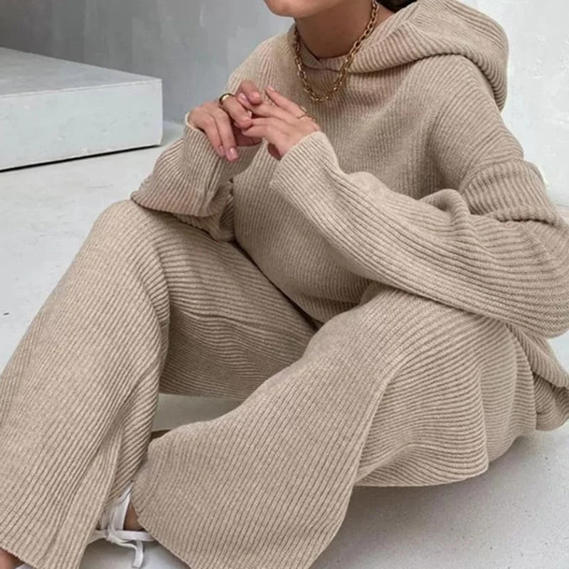 Billlnai Casual Knit Hoodied With Pocket Two Piece Sets Women Solid Long Sleeve Top Wide Leg Pant Outfit Streetwear Tracksuit New
