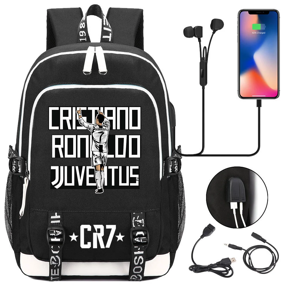 Buzzdaisy Cristiano Ronaldo Printed Backpack with USB Charging Port and Laptop Protection - Multi-Pocket Large Capacity Schoolbag