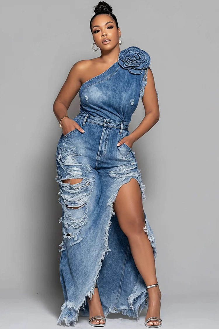 Xpluswear Design Plus Size Party Blue One Shoulder 3D Distressed Denim Maxi Dresses [Pre-Order]