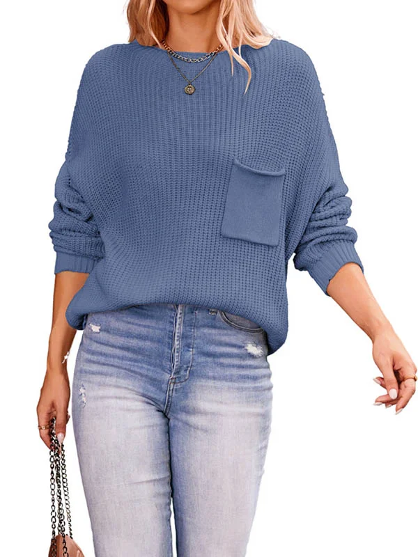 Solid Color Pockets Loose Long Sleeves Round-Neck Sweater Tops Pullovers