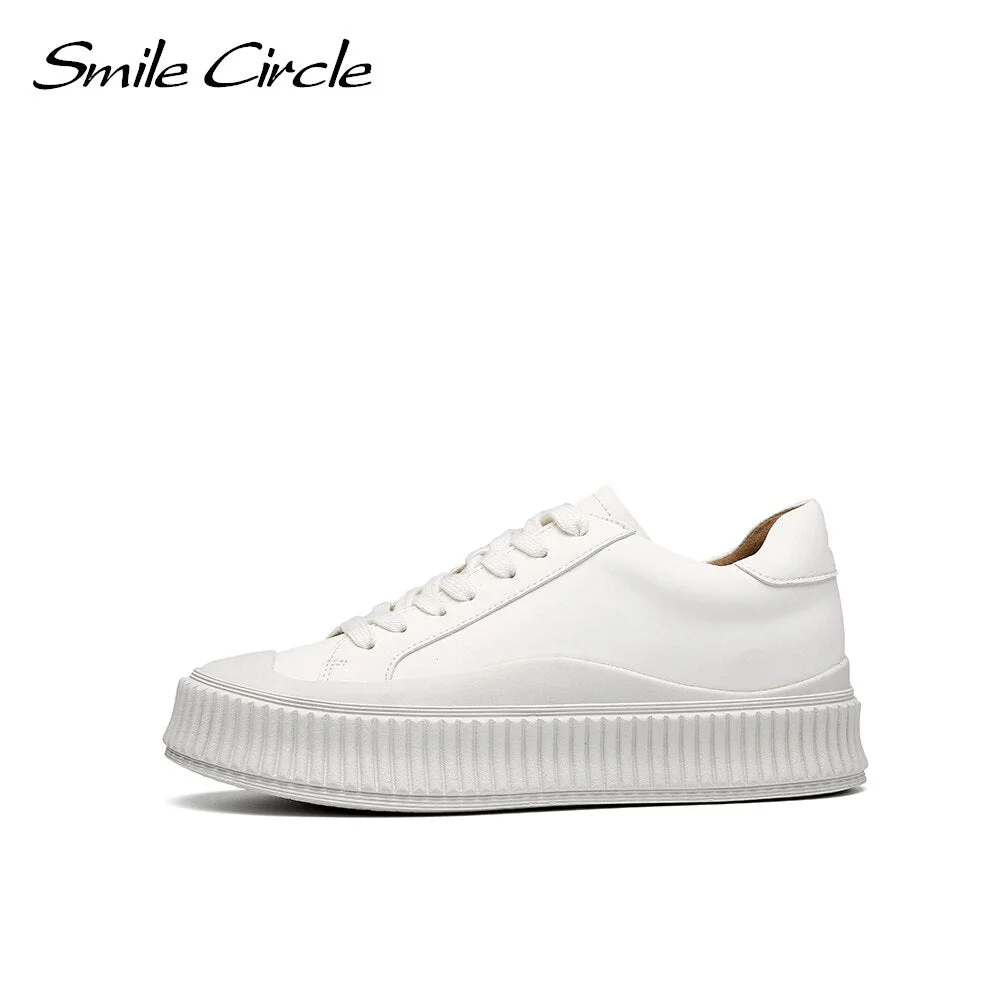 Smile Circle Women White Sneakers Fashion Flat Platform Shoes Comfortable Round toe Casual Sneakers Women's Flat Shoes