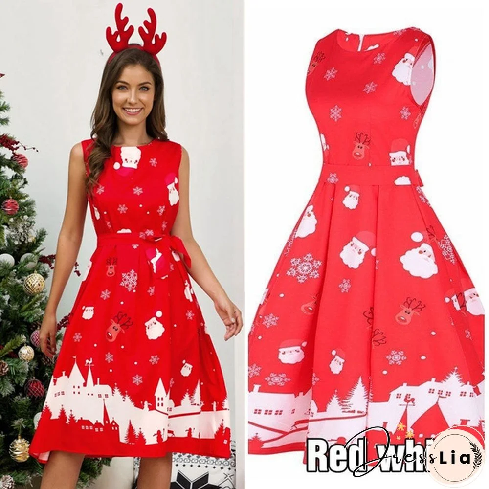 Womens Vintage Sleeveless Santa Christmas 1950s Retro Xmas Evening Prom Swing Dress