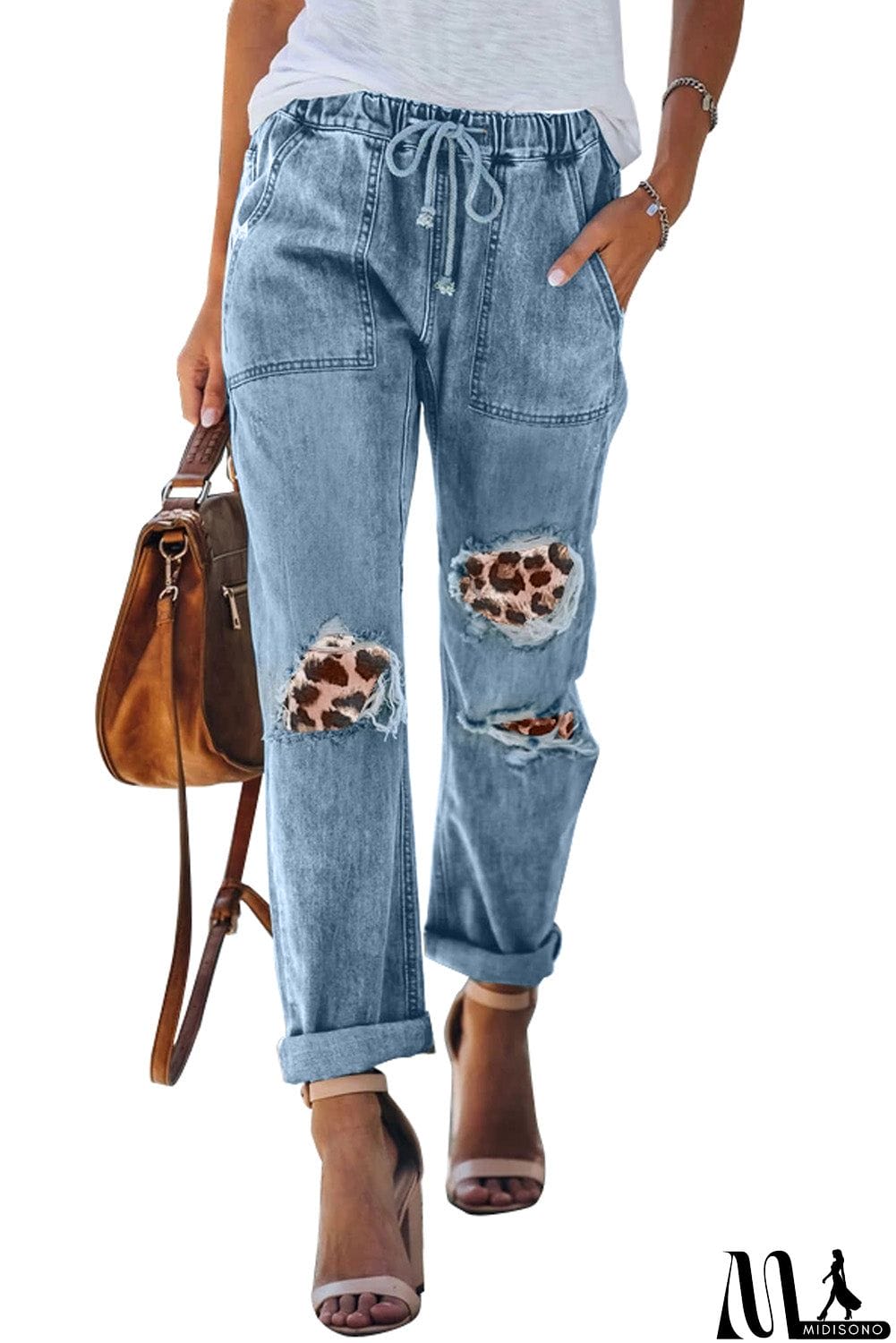 MidiSono - Plaid Patches Cotton Pocketed Denim Jeans