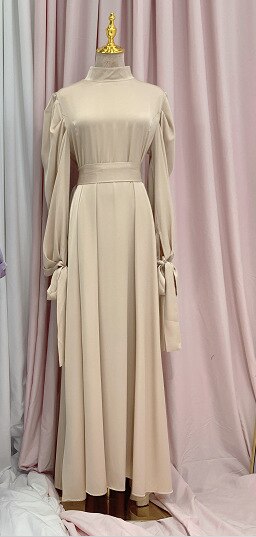 LANFUBEISI Muslim Fashion Women Islamic Satin Dress Hijab Arabic Pleated Abaya Dubai Balloon Sleeve with Ribbon Eid Mubarak Turkish Dresses LANFUBEISI