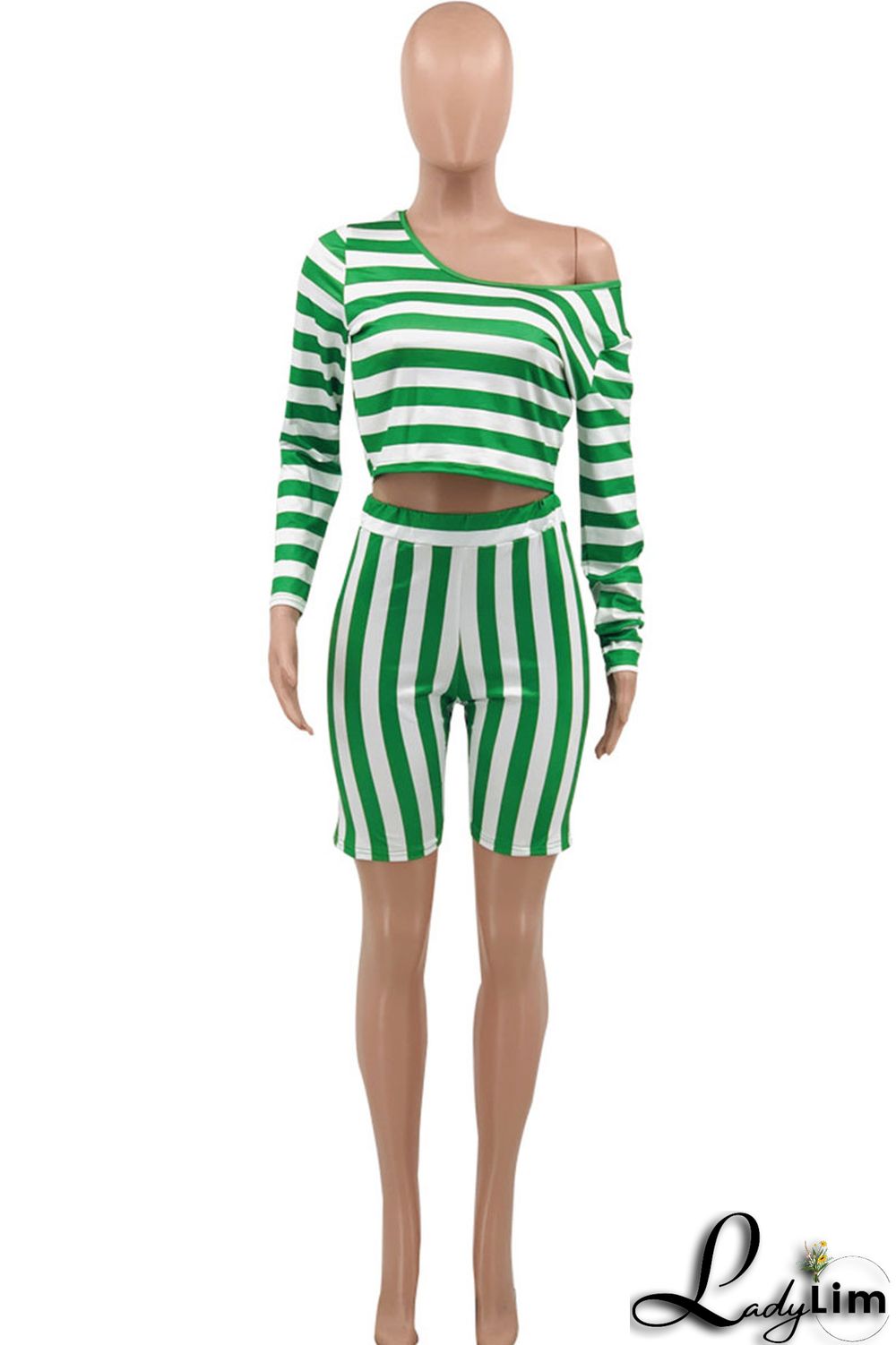 Blue Casual Striped Print Patchwork Asymmetrical Collar Plus Size Two Pieces