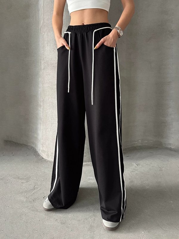 Loose Casual Drawstring Side Line Trim Straight Pants