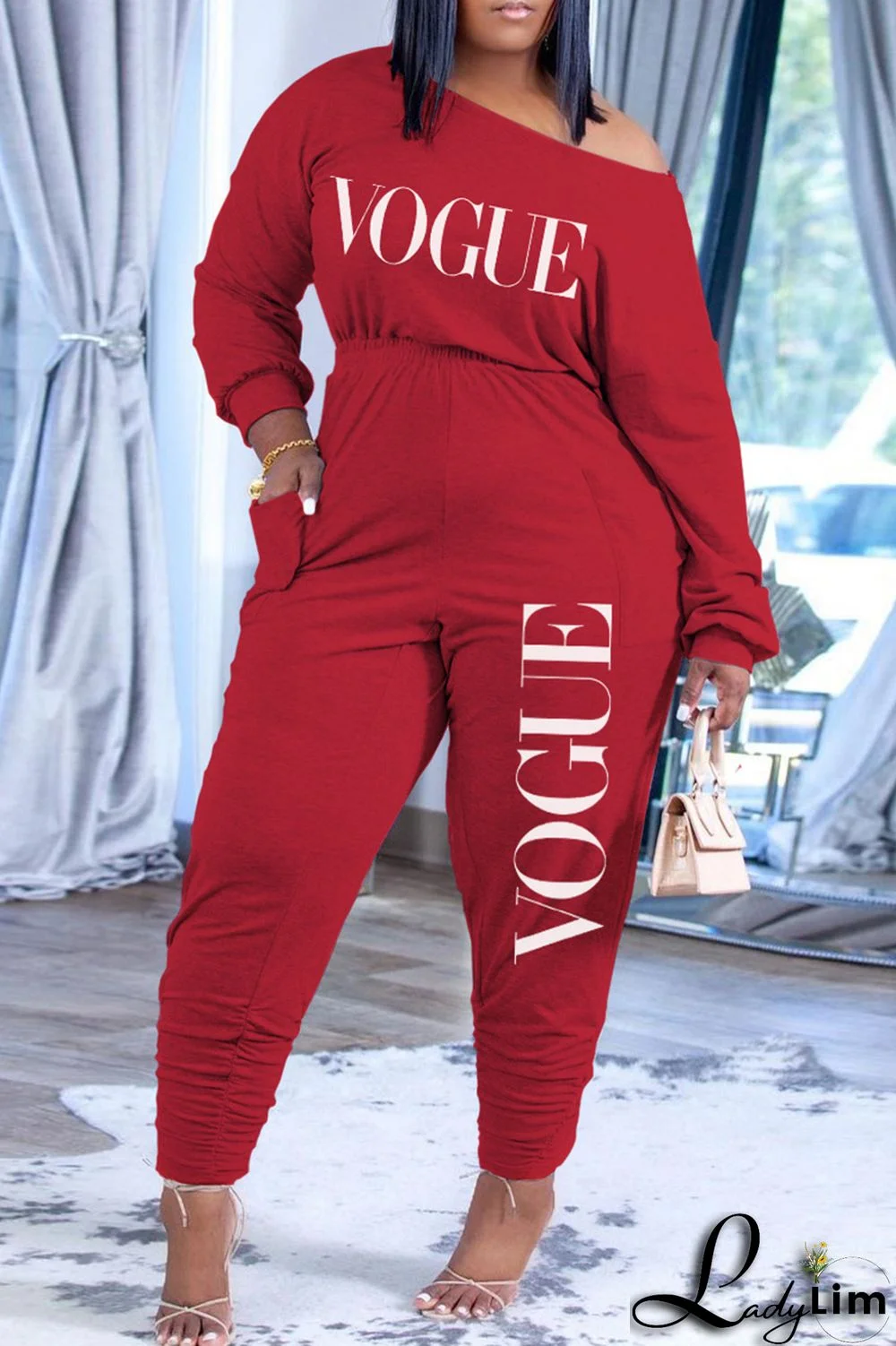 Pink Fashion Casual Letter Print Fold Oblique Collar Regular Jumpsuits