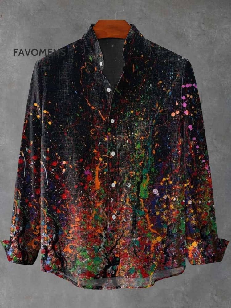 Vintage Color Paint Splash Ink Art Print 100% Cotton Long Sleeve Shirt Multicolor / S