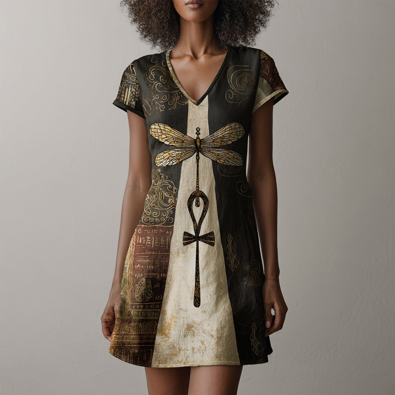 Comstylish Vintage Egyptian Dragonfly Pattern Linen Midi Dress