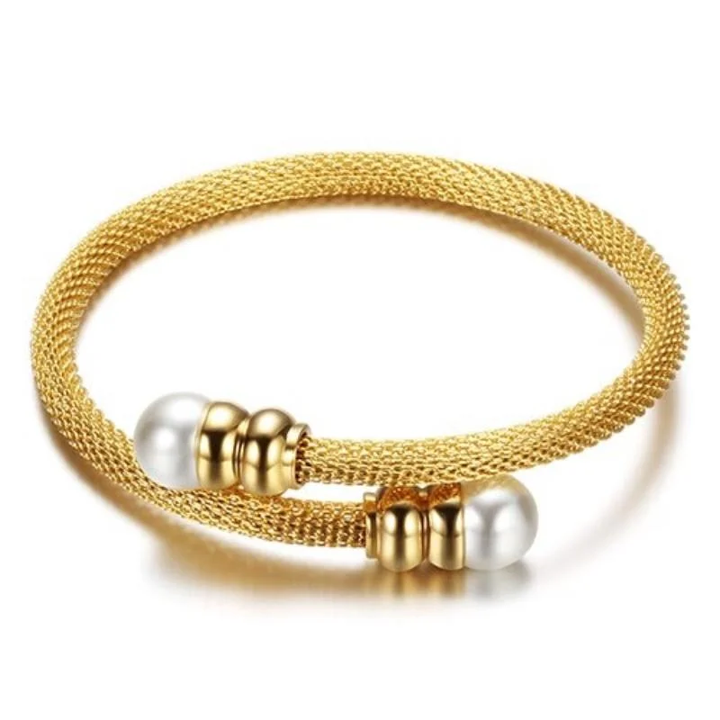 Stainless Steel Cable Bangle with Pearls