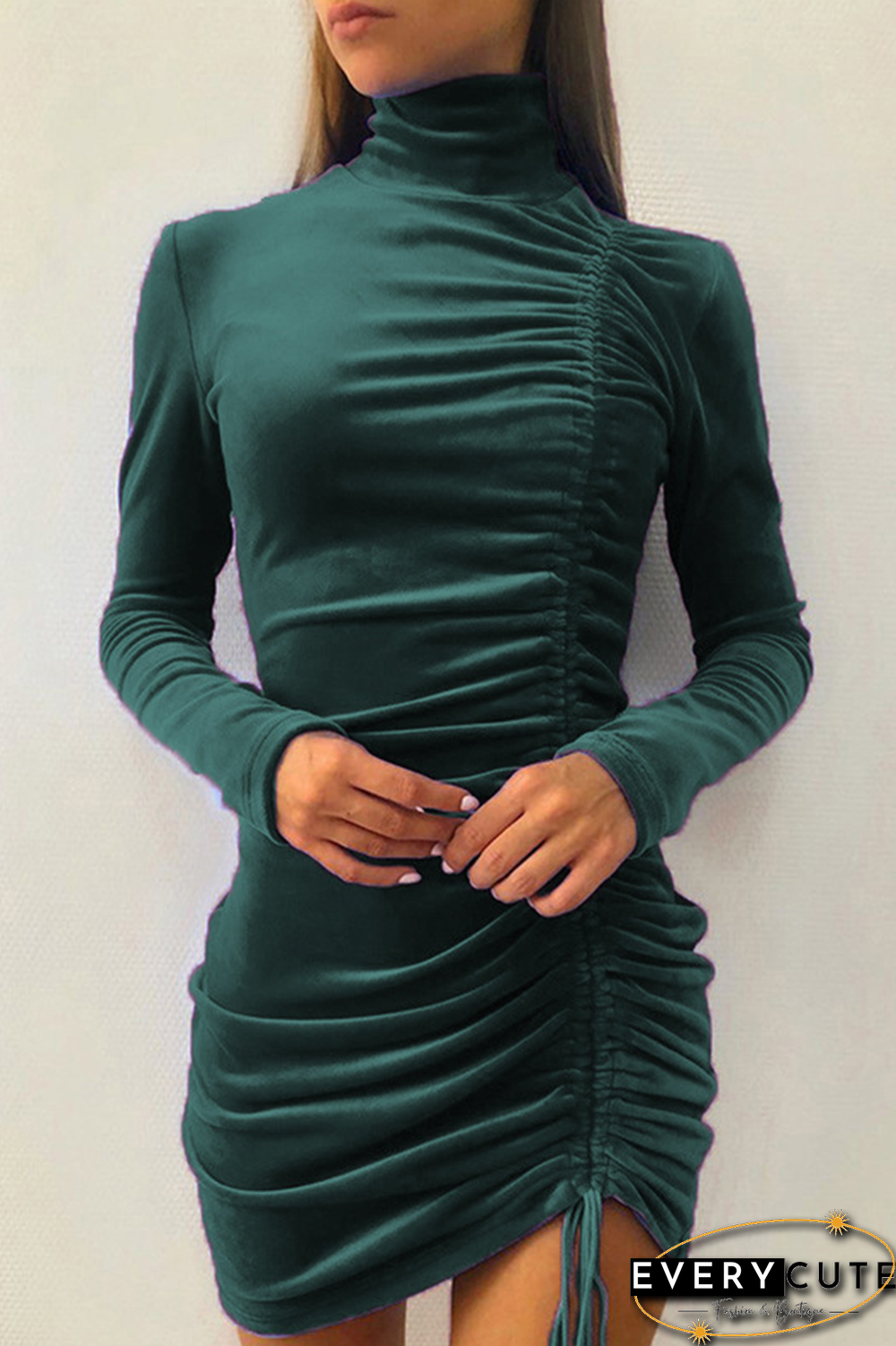 Fashion Elegant Solid Split Joint Fold Half A Turtleneck Pencil Skirt Dresses