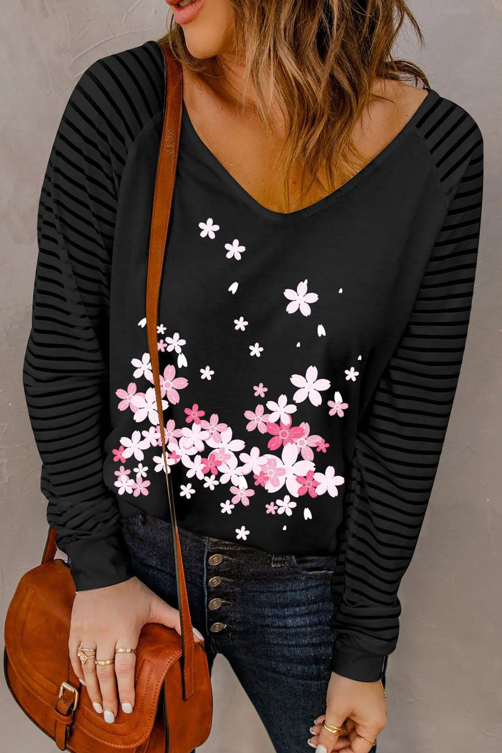 Cherry Blossom V Neck Long Sleeve Tee