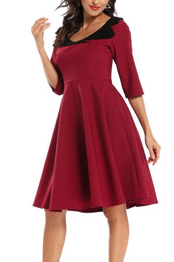 Burgundy Scoop Half Sleeve  A-line Cocktail Dress - Life is Beautiful for You - SheChoic