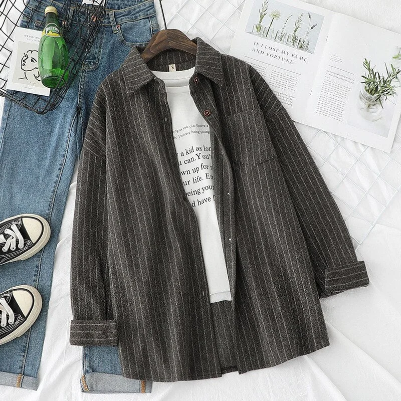 Woolen Striped Shirts Women Blouses And Tops Long Sleeve Female Clothes Outwear Loose New Arrival Yellow Grey