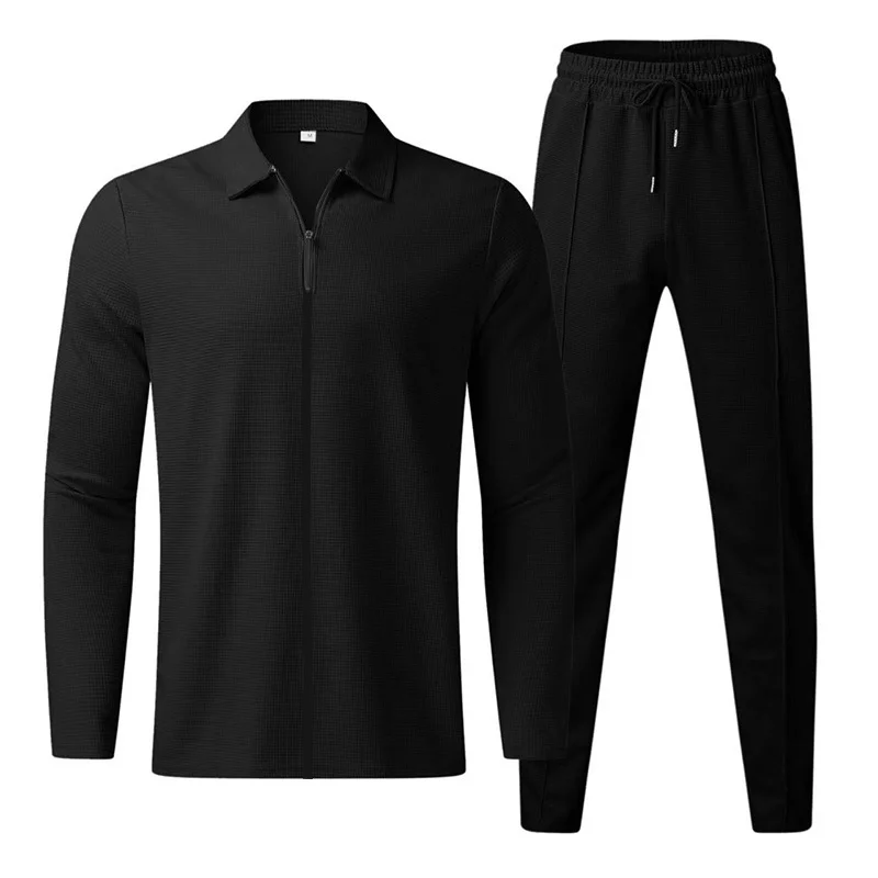 PASUXI New Waffle Tracksuit Men's Long Sleeved Jacket Jogging Pants Two Piece Set Custom Sweat Suit Sports Plain Tracksuit