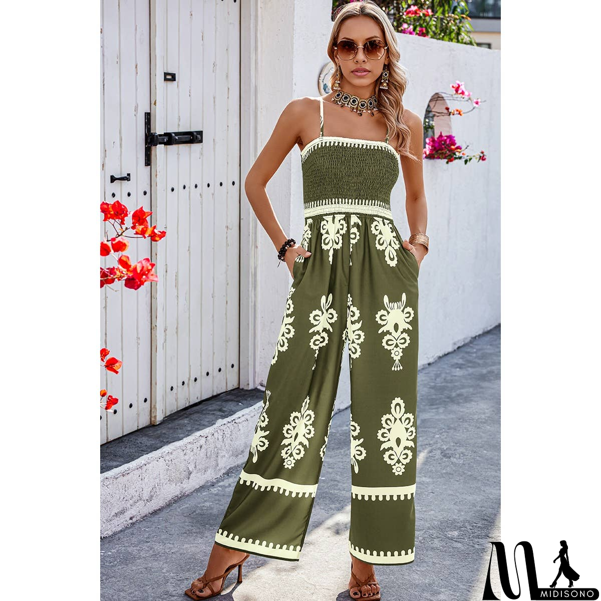 MidiSono - Off Shoulder Ruched Printed High Waist Jumpsuit