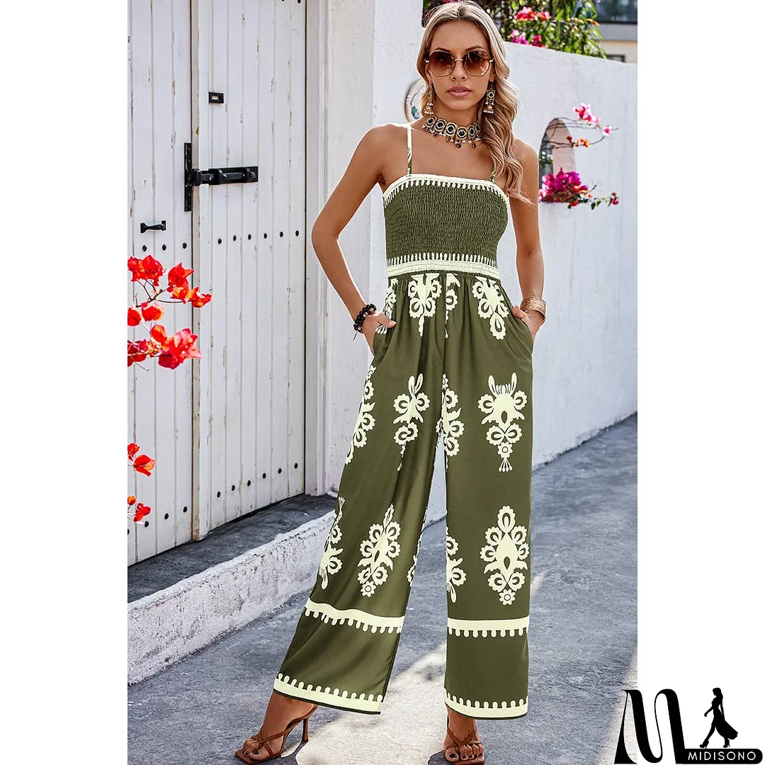MidiSono - Off Shoulder Ruched Printed High Waist Jumpsuit