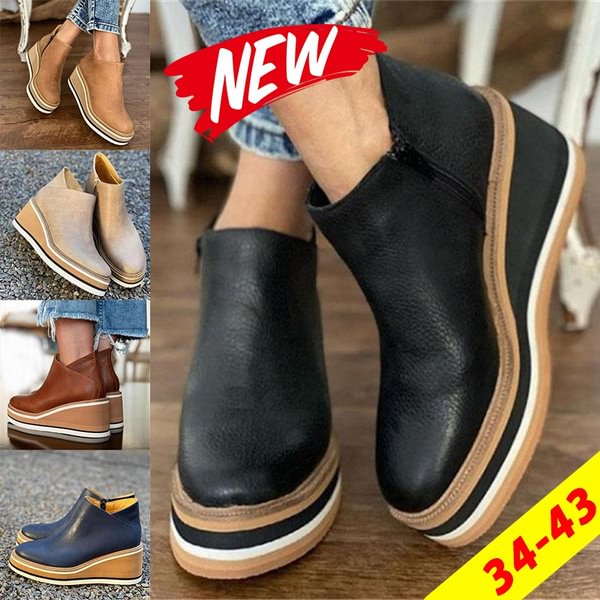 Winter Fashion Women Vintage PU Leather Wedge Heel Boots Casual Warm Ankle Boots Short Boots Ladies Slip On Zipper Wedge Shoes - Shop Trendy Women's Fashion | TeeYours