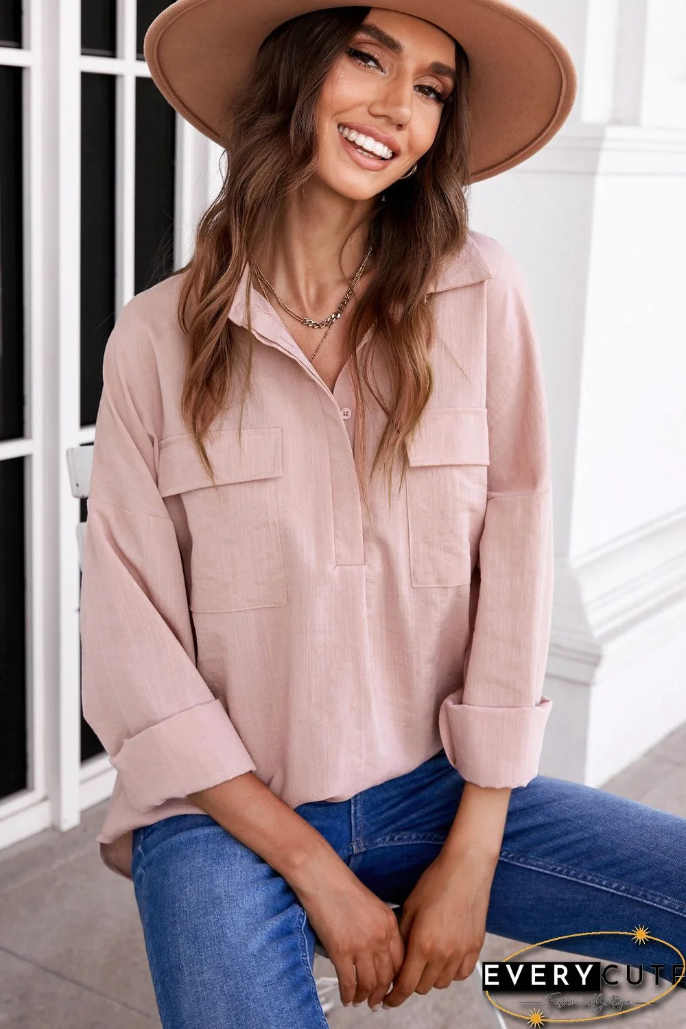 Khaki Buttoned Long Sleeve Shirt with Pocket