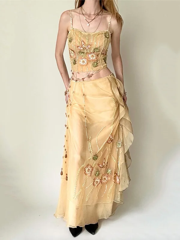 Sequinned Flower Sleeveless Spaghetti-Neck Vest & Ruffled Skirt Two-Pieces Sets Fairytale Dress