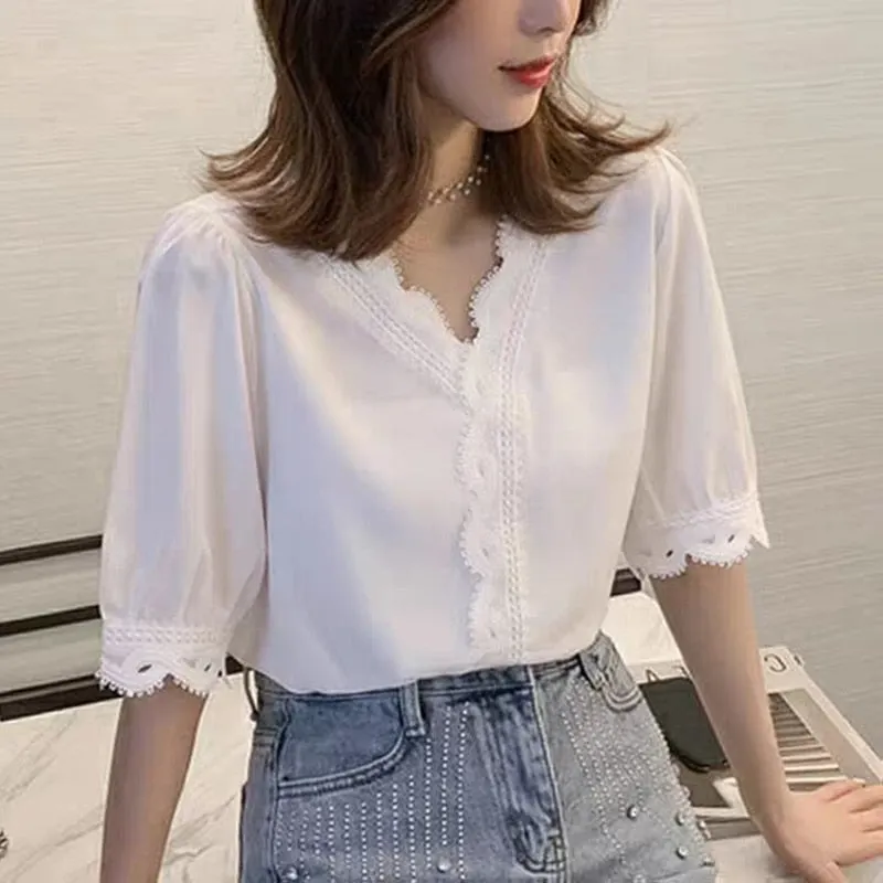 2021 New Summer Women Chiffon Shirt Short Sleeve Blouse Elegant Sweet V-neck Korean White Tops Hollow Out Fashion Blusas chic
