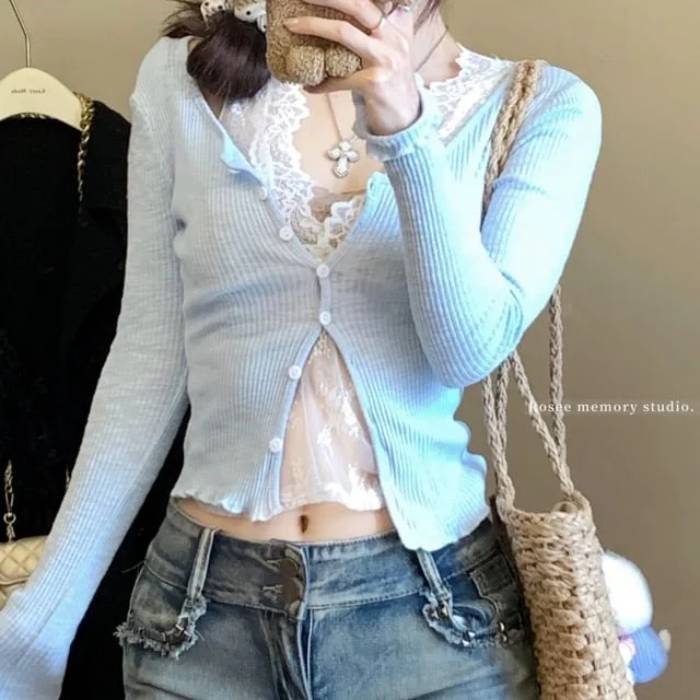 Neck V-Neck Cardigan Lace Ruffle / Trim Camisole Plain Top Scoop