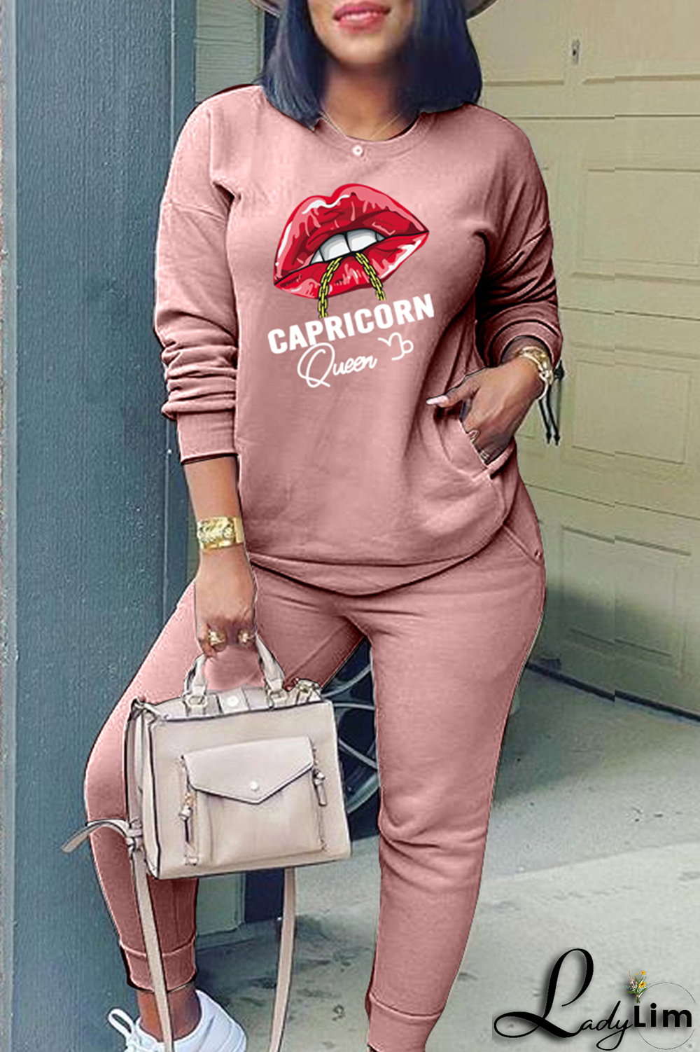 Yellow Fashion Lips Printed Patchwork O Neck Long Sleeve Two Pieces