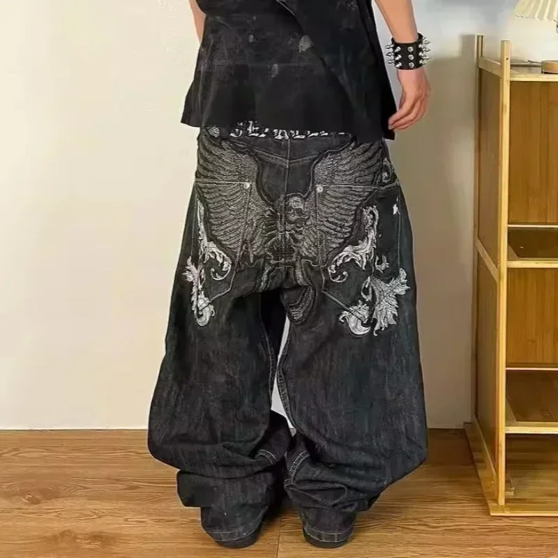 Edubridgesmart American Y2K New Fashion Punk Pattern Embroidered Straight Jeans Women Street Casual Loose Oversized Wide-leg Pants Couple Jeans