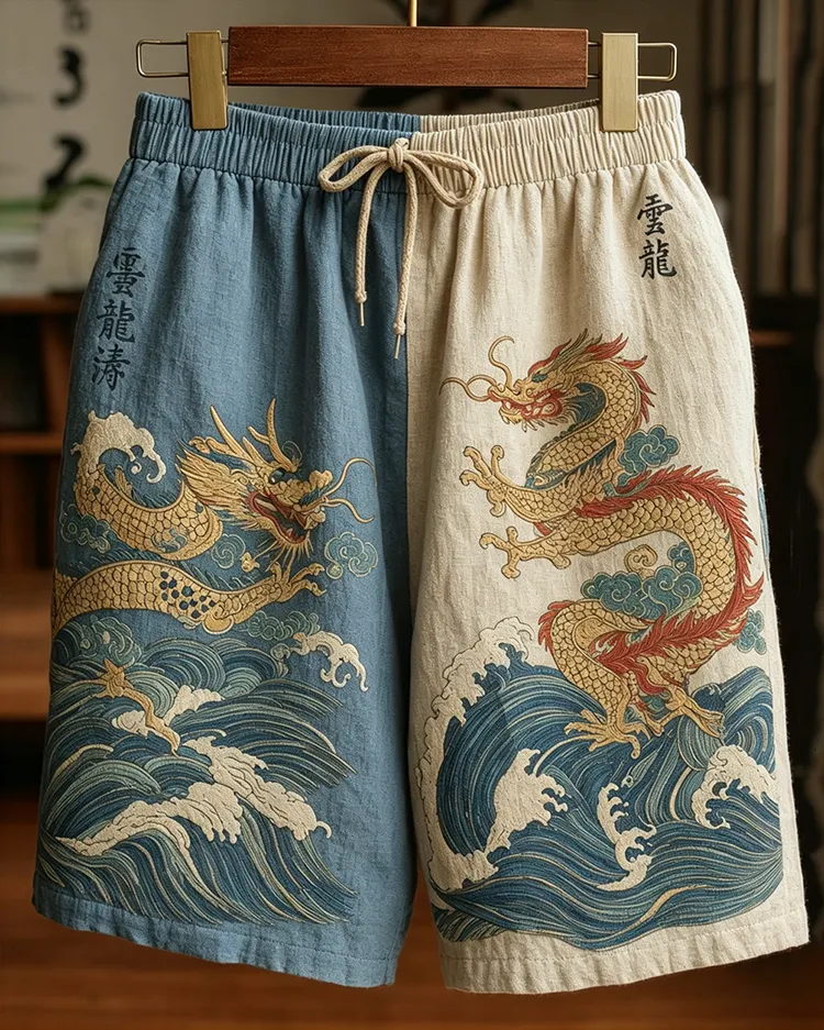 Men's Japanese Dragon Art Contrast Linen Short Pants