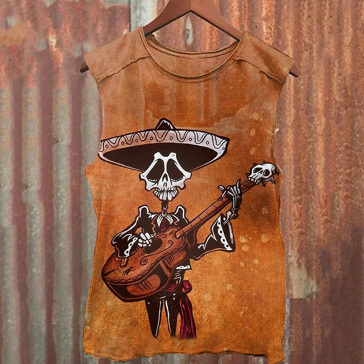 Comstylish Men's Halloween Vintage Skull Guitarist Print Vest