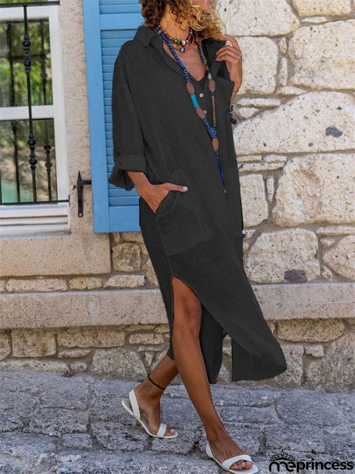 Women's Side Slit Loose Breathable Cotton Linen Beach Dress