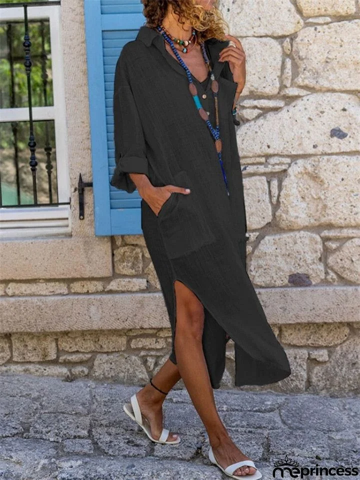 Women's Side Slit Loose Breathable Cotton Linen Beach Dress
