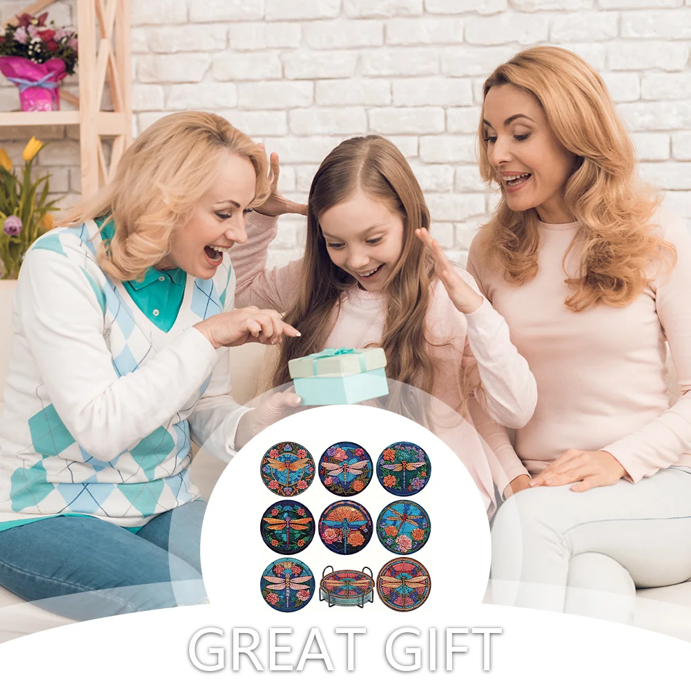 8pcs Dragonfly DIY Diamond Painting Coasters Kits with Holder Wooden Coaster