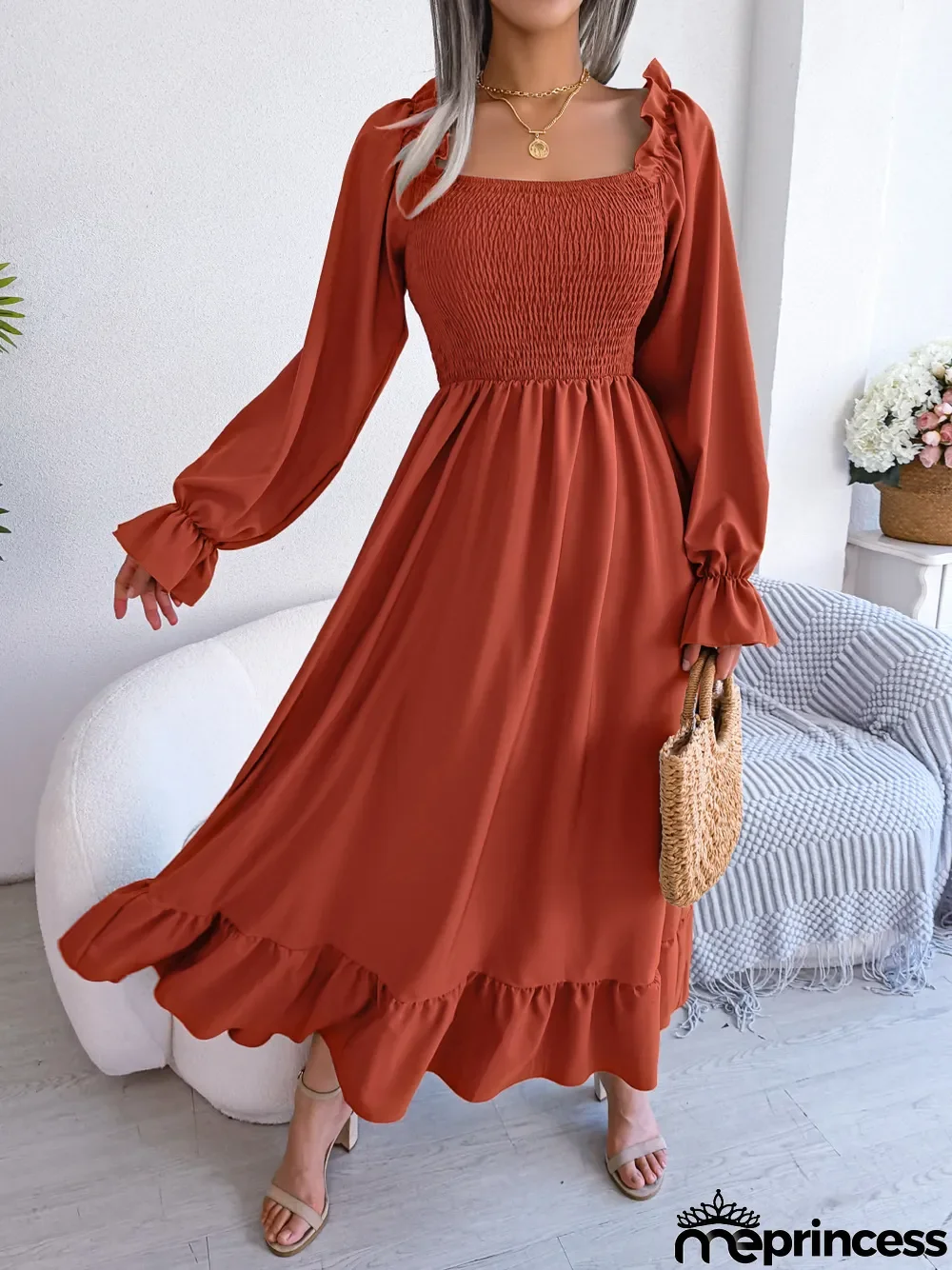 Women Casual Square Neck Bell Bottom Ruffle Maxi Dress