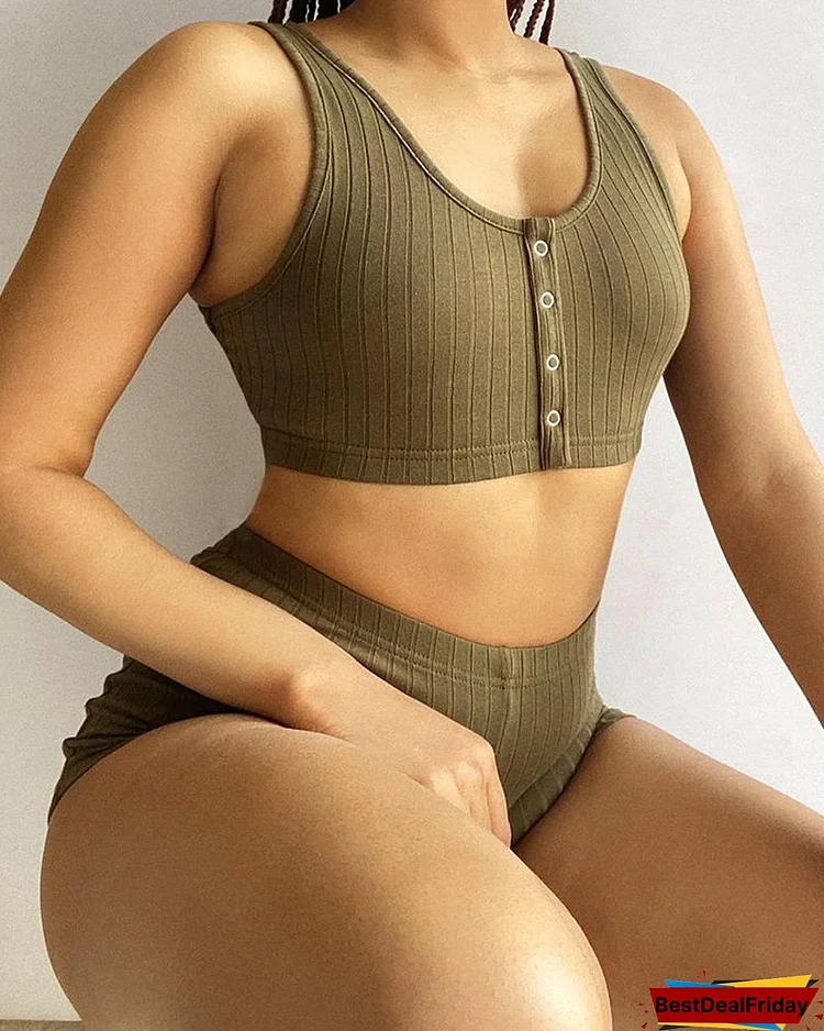 Button Front Ribbed Crop Top & Shorts Set P8746447241