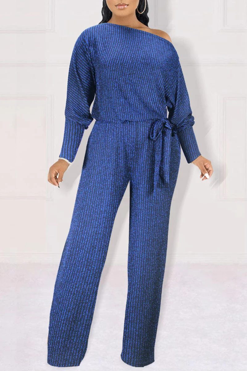 Casual Solid Bandage Patchwork Oblique Collar Straight Jumpsuits