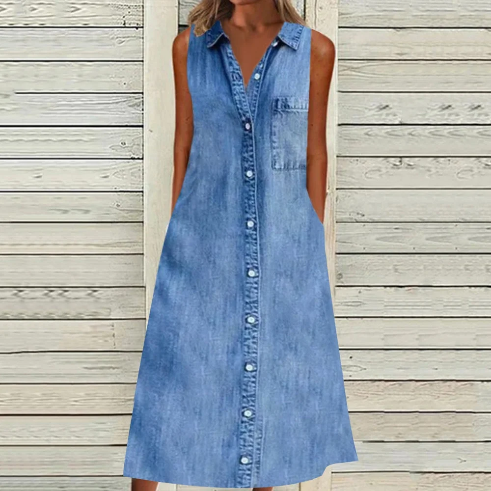 Blue Plain Sleeveless Midi Dress