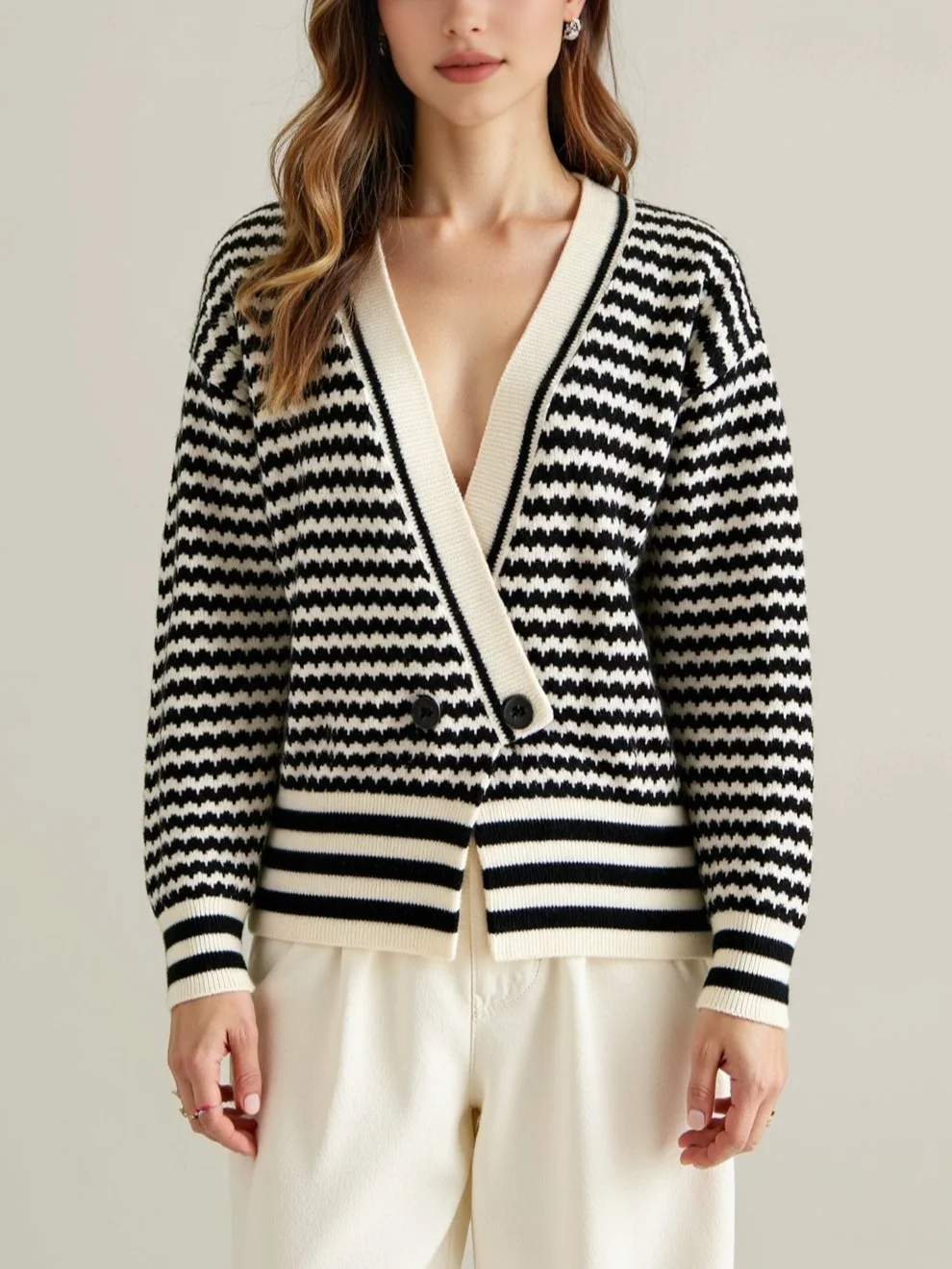 Nigikala Nigikala East Autumn And Winter V-Neck Knitted Shirt Buckle Cardigan New Striped Hit-Colored Sweater Woman