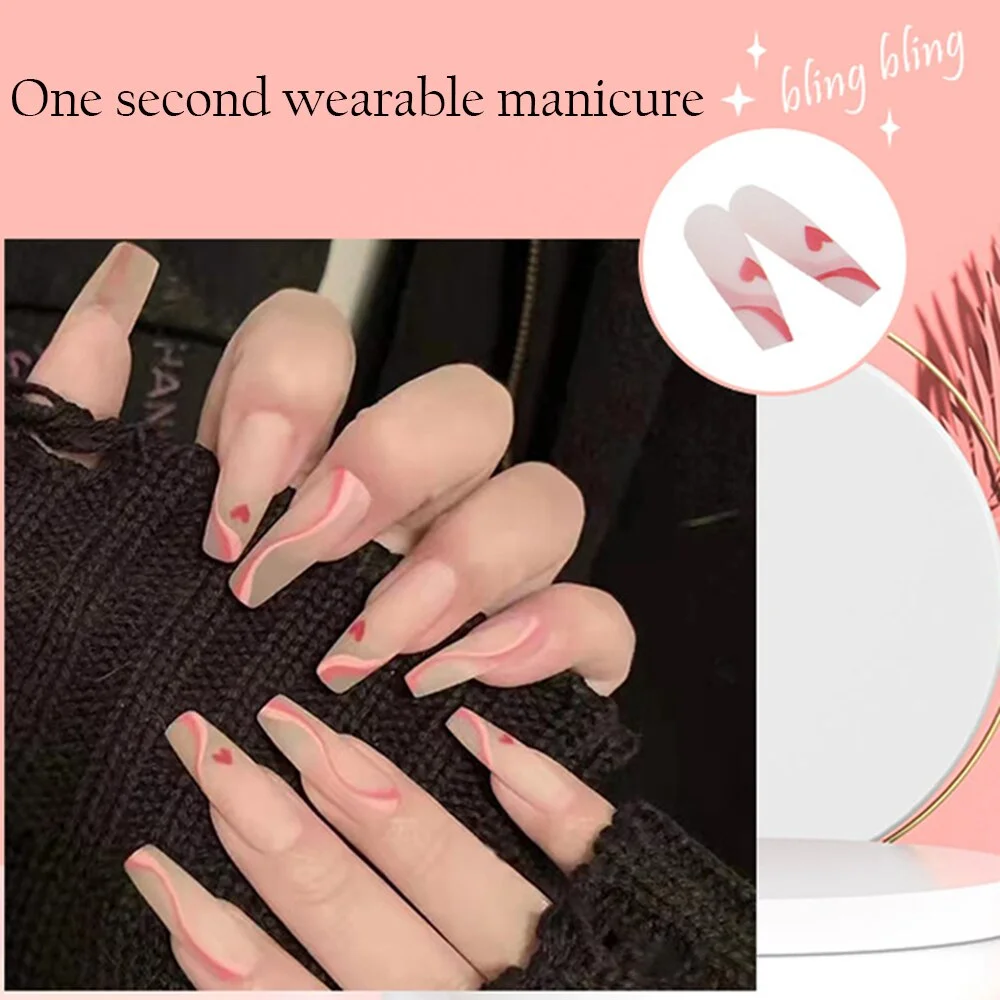 24pcs Ballet Fake Nails Coffin Head Pink Color Press On Nail Art tips with 3D Heart And Bow Design French Style Girl False Nails-Nail Inspo