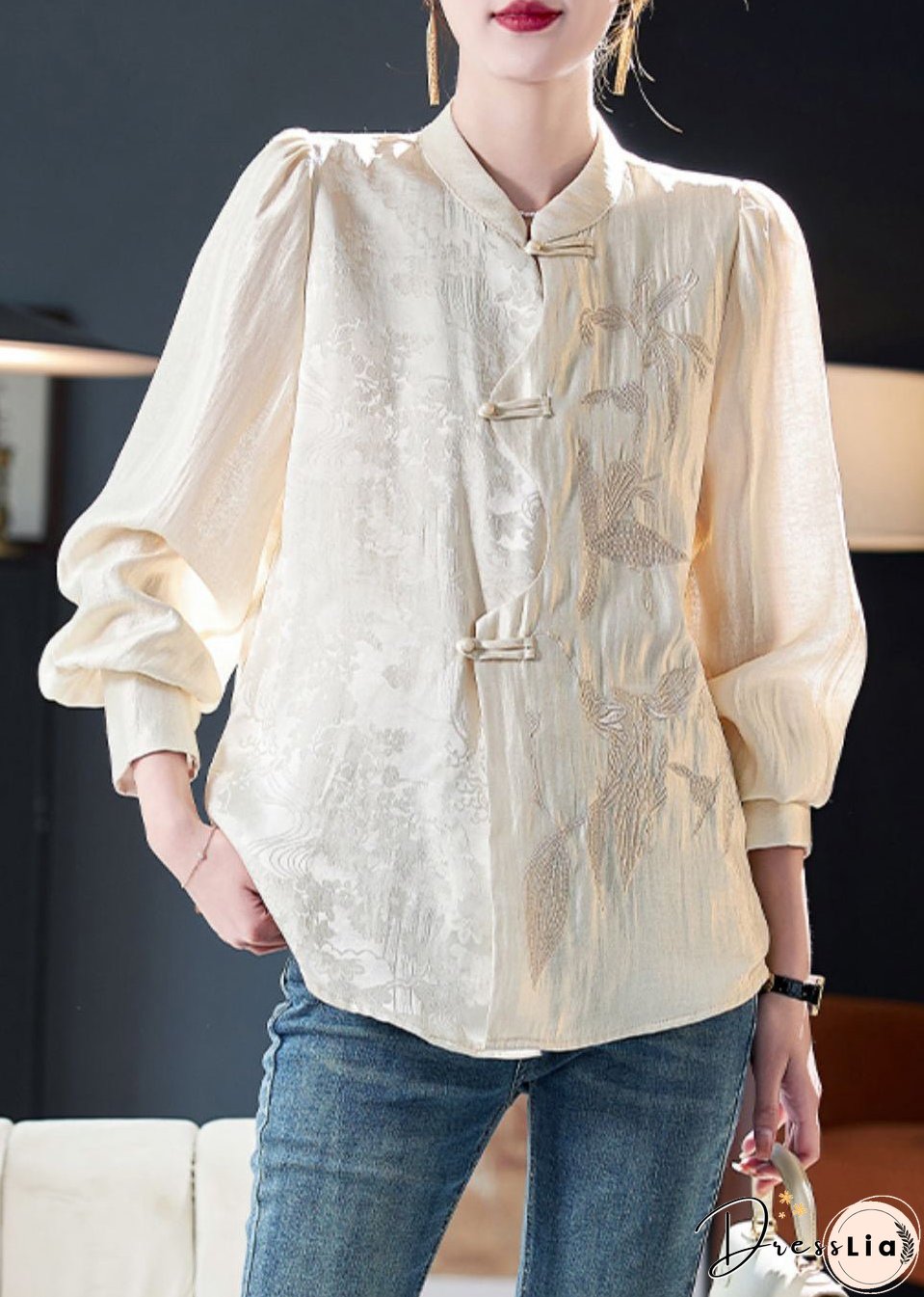 New Apricot Embroidered Button Cotton Shirt Long Sleeve