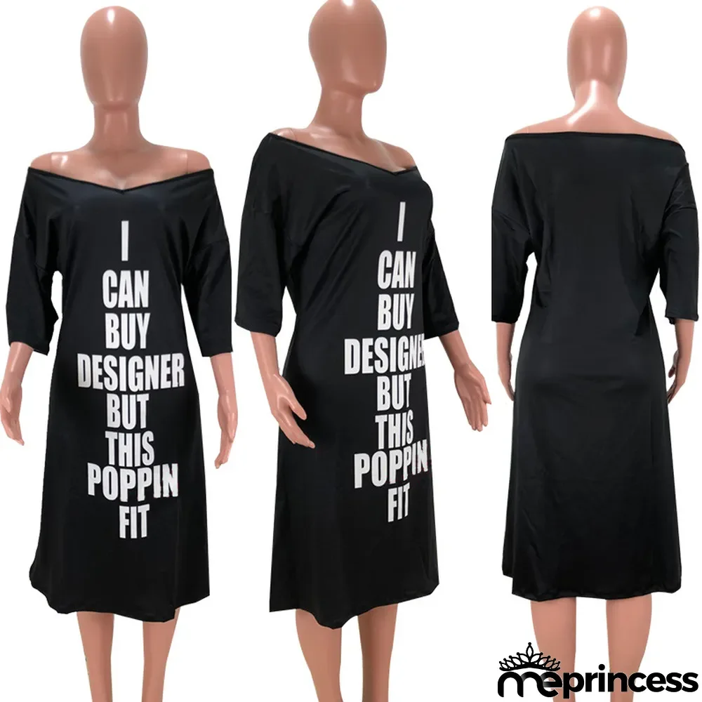 Letter Print Three Quarter Sleeve Casual Midi Dress