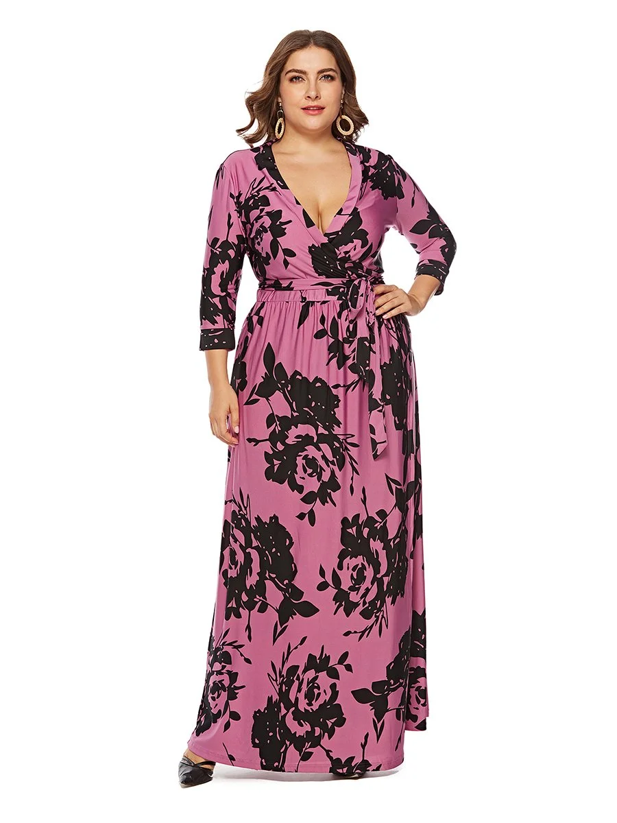 Plus Size Dress Sash Design Long Sleeve Print Maxi Long Dress