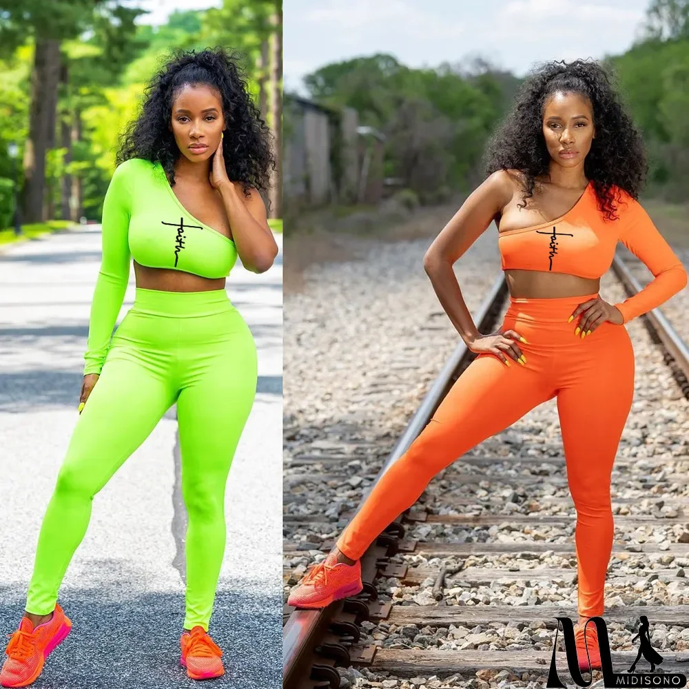 MidiSono - Fashion Print Sexy Sports Slanted Shoulder Single Sleeve Two-piece Set