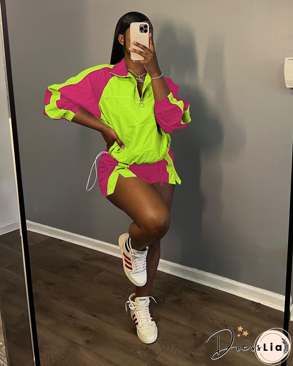 Color Patchwork Sportswear Two Piece Shorts Set