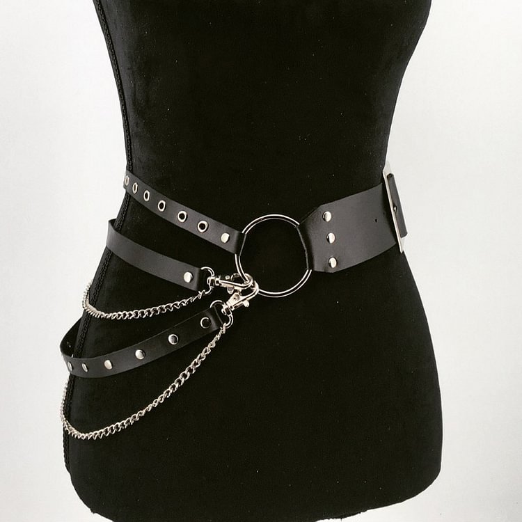 Gothic Dark Statement PU Chain-trimmed Layered Metal Ring Waist Belt